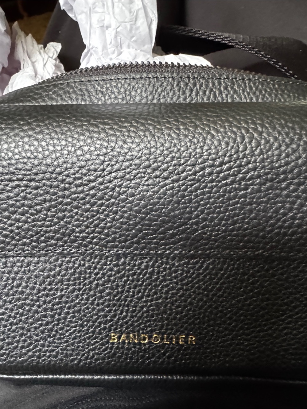 Bandolier Black Pebbled Leather Crossbody with Gold Logo and silver hardware